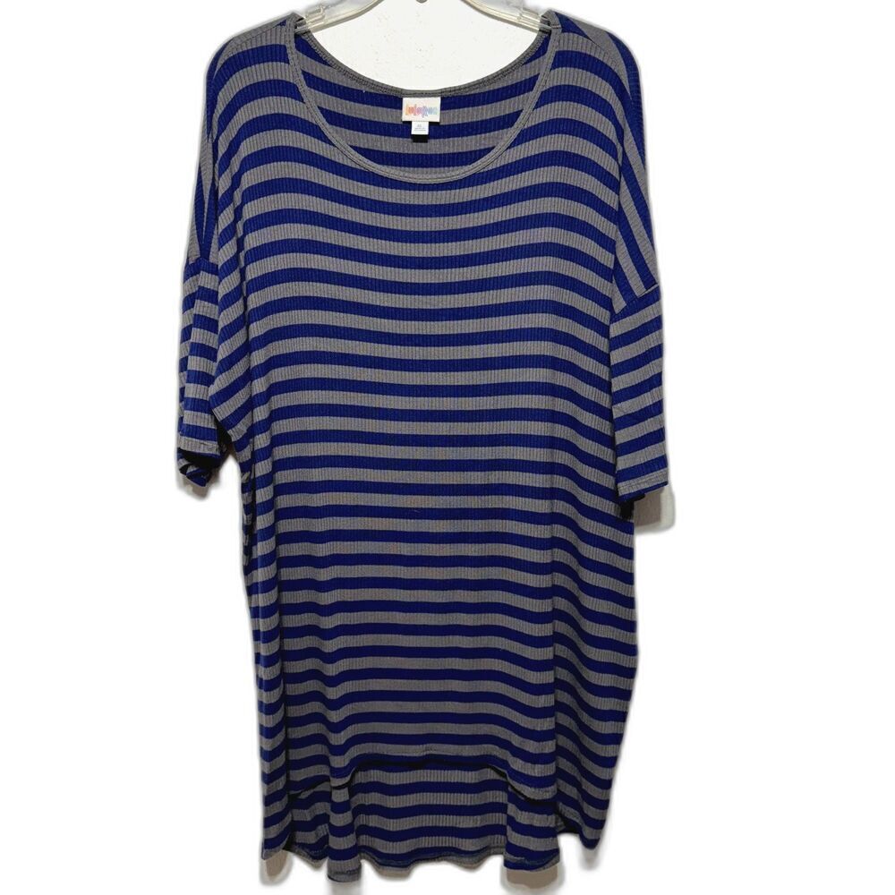 LuLaRoe Tunic Pullover Short Sleeve Blue Gray Stripe Ribbed Shirt Women sz XL